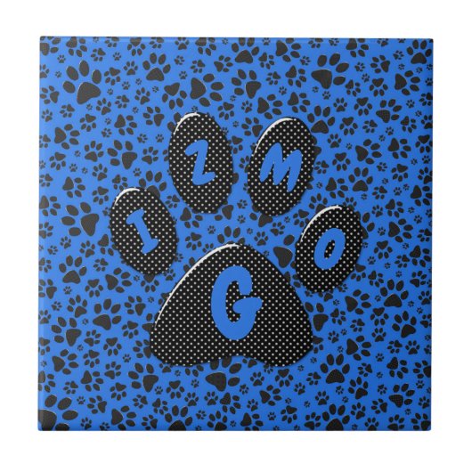 Dog Paws Black & White Polka Dot auf Tech Blue Fliese (Vorderseite)