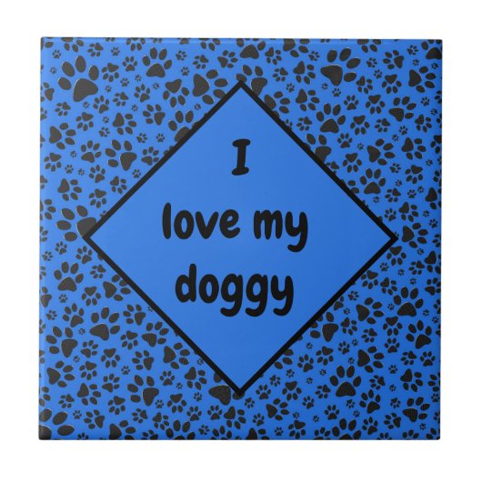 Dog Paws Black & White Polka Dot auf Tech Blue Fliese (Vorderseite)