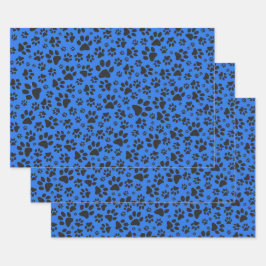 Dog Paws Black & White Polka Dot auf Tech Blue Geschenkpapier Set