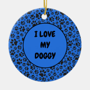 Dog Paws Black & White Polka Dot auf Tech Blue Keramik Ornament