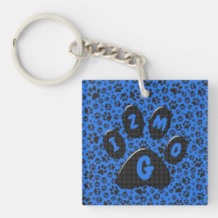 Dog Paws Black & White Polka Dot auf Tech Blue Key Schlüsselanhänger