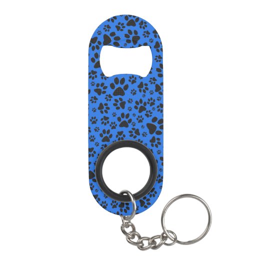 Dog Paws Black & White Polka Dot auf Tech Blue Mini Flaschenöffner (Rückseite)