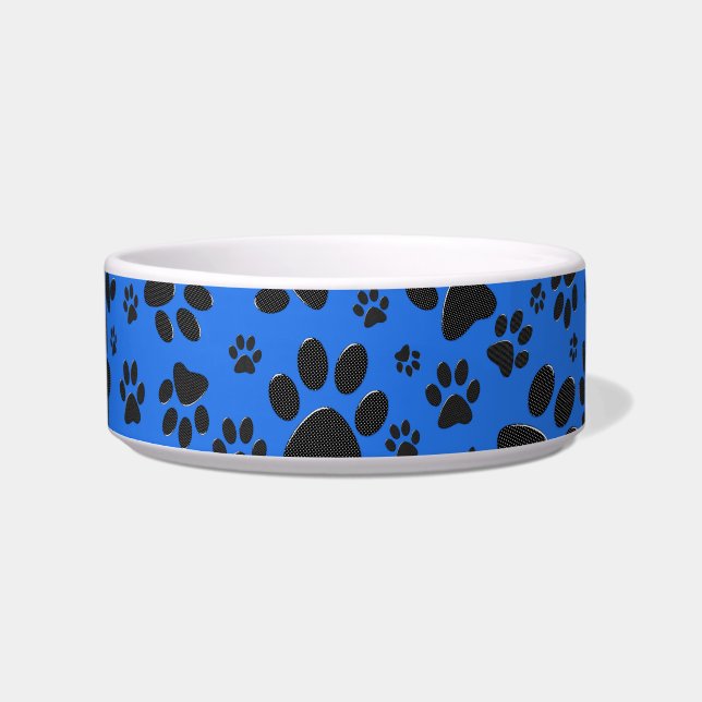 Dog Paws Black & White Polka Dot auf Tech Blue Napf (Vorderseite)