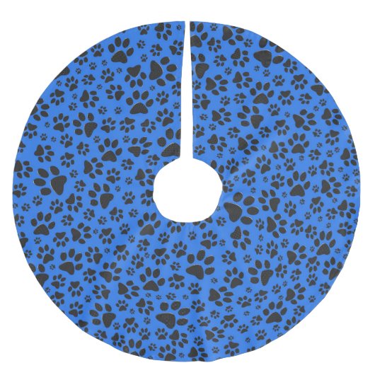 Dog Paws Black & White Polka Dot auf Tech Blue Polyester Weihnachtsbaumdecke (Vorderseite)