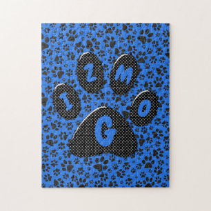 Dog Paws Black & White Polka Dot auf Tech Blue Puzzle