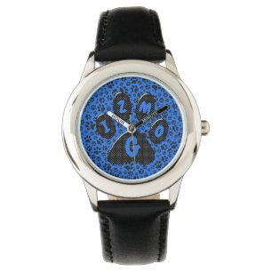 Dog Paws Black & White Polka Dot auf Tech Blue Wat Armbanduhr