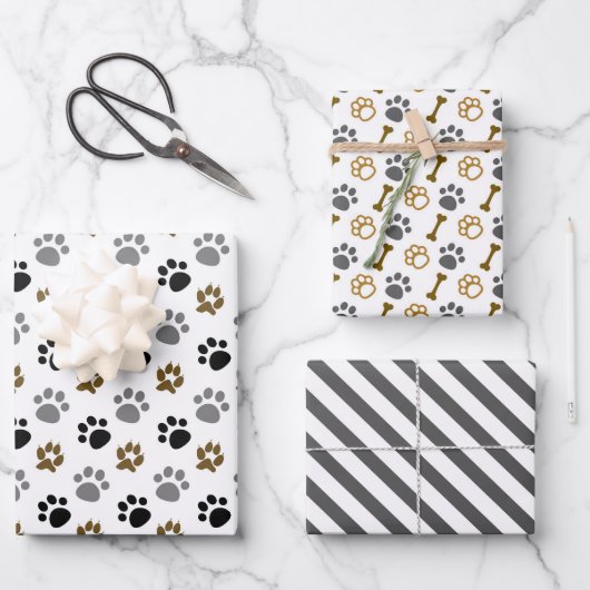 Dog Paws Knochen Wrapping Paper Set 3 Geschenkpapier Set (Vorderseite)