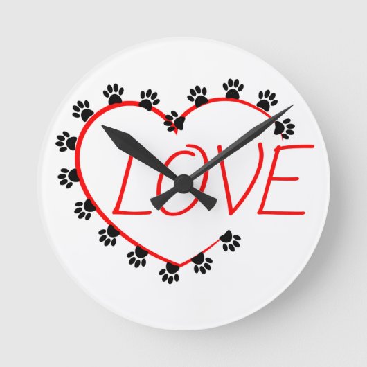 Dog Paws Red Heart Love Runde Wanduhr (Vorderseite)