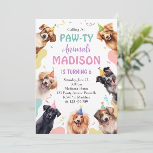 Dog Pawty Birthday Einladung (Stehend Vorderseite)