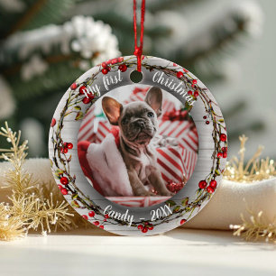 Dog Pet Erstes Weihnachtsfest Foto Red Berry Wreat Keramik Ornament
