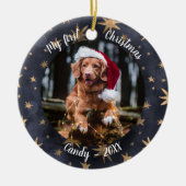 Dog Pet Erstes Weihnachtsfest Foto Rustikale Messi Keramik Ornament (Vorne)
