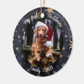 Dog Pet Erstes Weihnachtsfest Foto Rustikale Messi Keramik Ornament (Links)