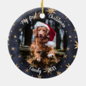 Dog Pet Erstes Weihnachtsfest Foto Rustikale Messi Keramik Ornament (Hinten)