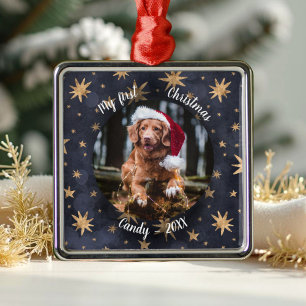 Dog Pet Erstes Weihnachtsfest Foto Rustikale Messi Ornament Aus Metall