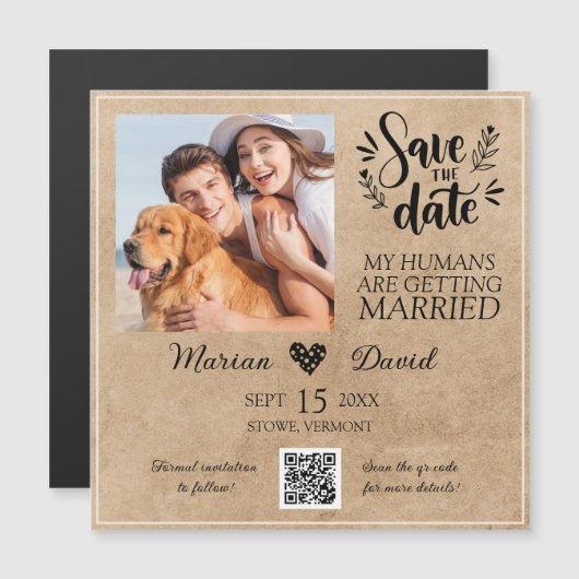 Dog Pet Foto Rustikal Save the Date Qr Code Hochze Magnetkarte (Vorne/Hinten)