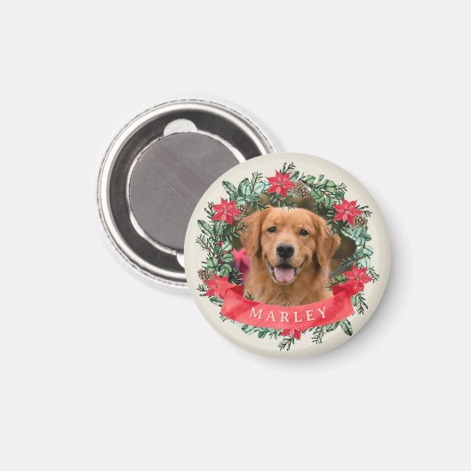 Dog Photo and Name Poinsettia Wreath Holiday Gift Magnet (Vorderseite/Rückseite)