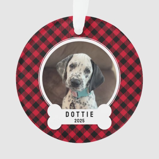Dog Photo Red and Black Buffalo Plaid Christmas Ornament (Vorderseite)