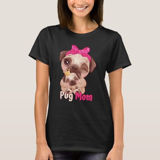 Dog  Pink Bow Cute Pug Mom T-Shirt (Vorderseite)