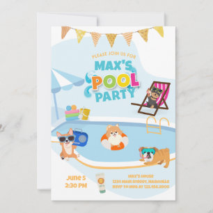 Dog Pool Party, Dog Pawty Birthday Blue Orange Einladung