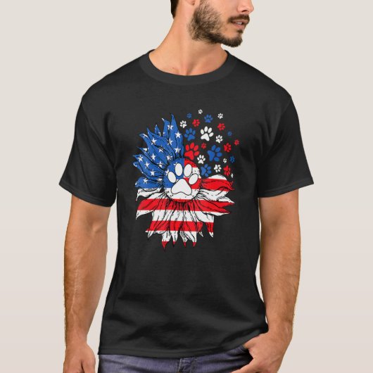 Dog Prints Sunflower American Flag Indepedence Day T-Shirt (Vorderseite)