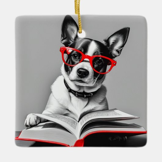 Dog Reading Book Keramikornament (Vorderseite)