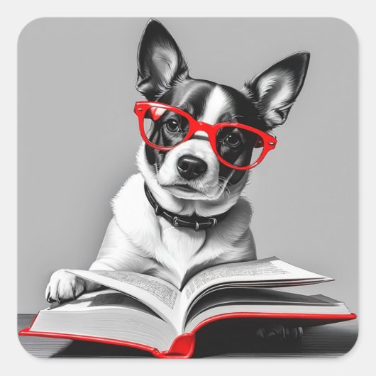 Dog Reading Book Quadratischer Aufkleber (Vorderseite)