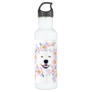 Dog Samoyed und rosa Blume, kundenspezifischer Nam Edelstahlflasche