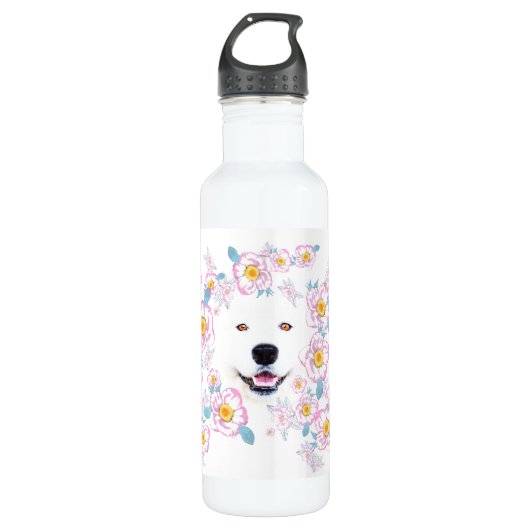 Dog Samoyed und rosa Blume, kundenspezifischer Nam Edelstahlflasche (Vorderseite)
