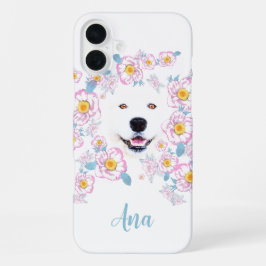 Dog Samoyed und rosa Blume, kundenspezifischer Nam iPhone 16 Plus Hülle