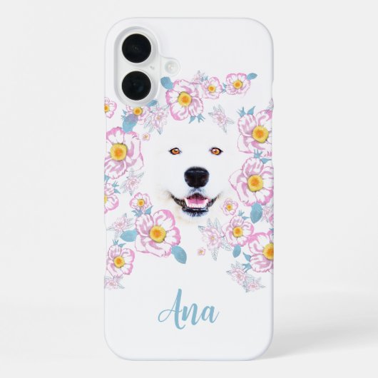 Dog Samoyed und rosa Blume, kundenspezifischer Nam iPhone Hülle (Rückseite)