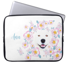 Dog Samoyed und rosa Blume, kundenspezifischer Nam Laptopschutzhülle