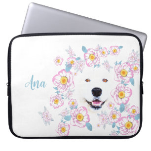 Dog Samoyed und rosa Blume, kundenspezifischer Nam Laptopschutzhülle