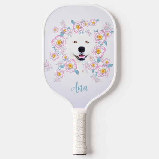 Dog Samoyed und rosa Blume, kundenspezifischer Nam Pickleball Schläger (Vorderseite)
