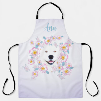 Dog Samoyed und rosa Blume, kundenspezifischer Nam Schürze