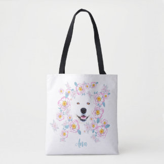 Dog Samoyed und rosa Blume, kundenspezifischer Nam Tasche