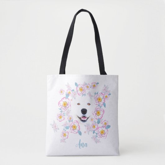 Dog Samoyed und rosa Blume, kundenspezifischer Nam Tasche (Vorderseite)