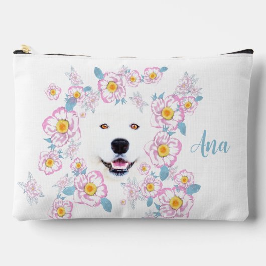 Dog Samoyed und rosa Blume, kundenspezifischer Nam Zubehörtasche (Vorderseite)