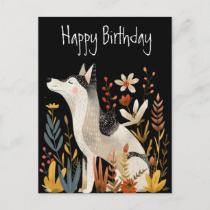 Dog Scandi Folk Art Happy Birthday Black Postcard Postkarte