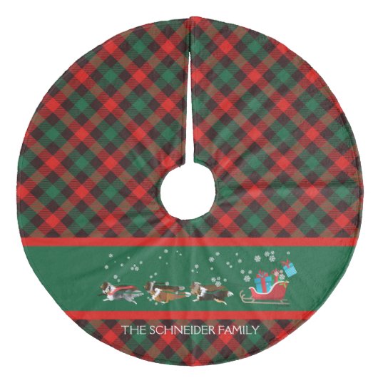 Dog Shelties Pulling Christmas Sleigh Kariert Fleece Weihnachtsbaumdecke (Vorderseite)