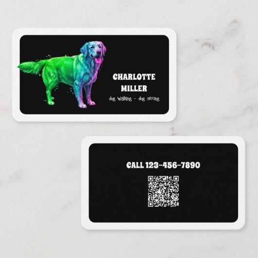 Dog Sitter Dog Walker Neon QR Visitenkarte (Vorne/Hinten)