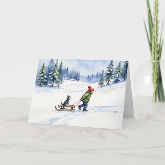 Dog Sled Watercolor Weihnachten Winter Karte (Vorderseite)