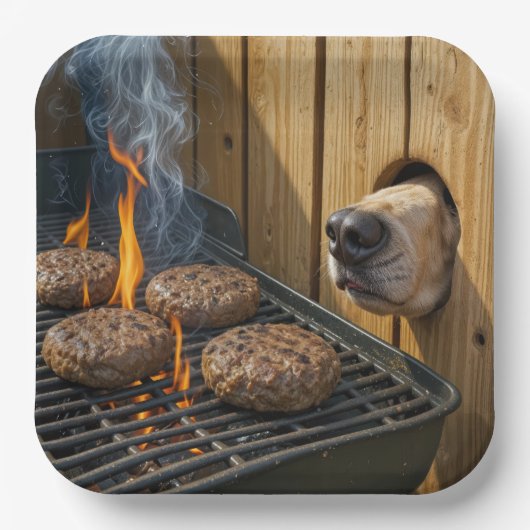 Dog Sniffing Hamburgers On a Barbecue Grill Pappteller (Vorderseite)