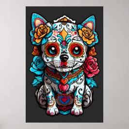 Dog Sugar Skull Halloween, Dia de los Muertos Poster