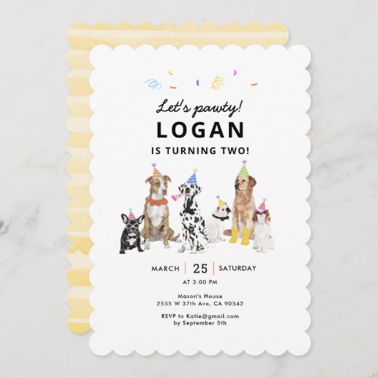 Dog Theme Let's Pawty Dog Birthday Party Einladung (Vorne/Hinten)