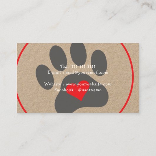 Dog Walker Pet Sitter Paw Heart Kraft Visitenkarte (Rückseite)