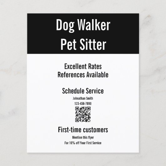 Dog Walker Pet Sitter Schwarz-weißer QR-Code-Vorla Flyer (Vorne)