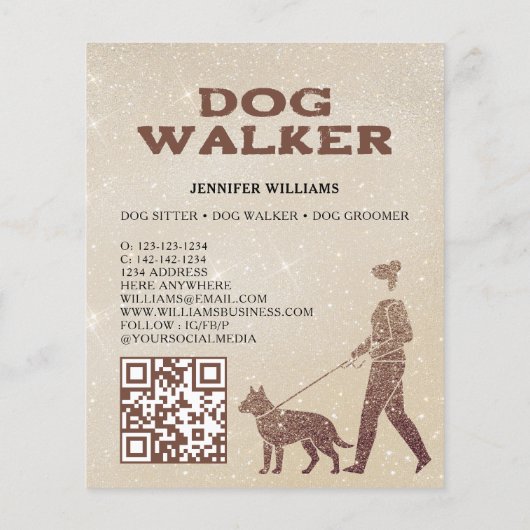 Dog Walker Pink Gold Glitter QR Code Pet Services Flyer (Hinten)