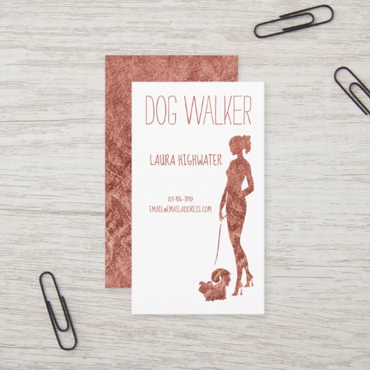 Dog Walker Silhouette Rose Gold Faux Foil Pet Visitenkarte (Vorderseite/Rückseite Beispiel)