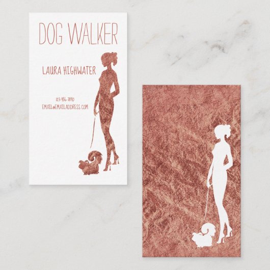 Dog Walker Silhouette Rose Gold Faux Foil Pet Visitenkarte (Vorne/Hinten)