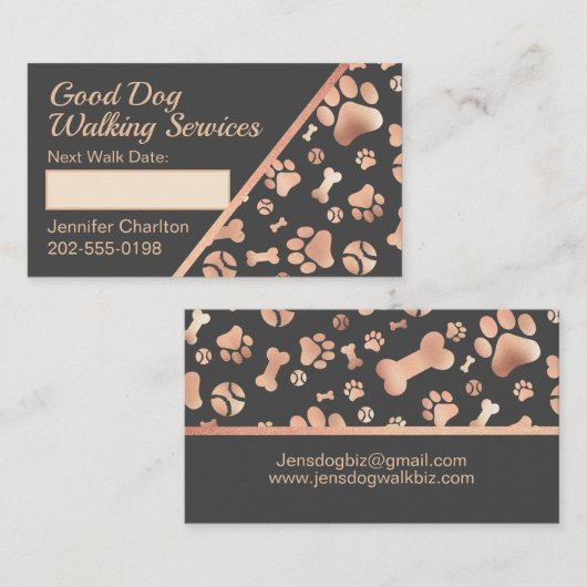 Dog Walker Termin Rose Gold Datum Visitenkarte (Vorne/Hinten)